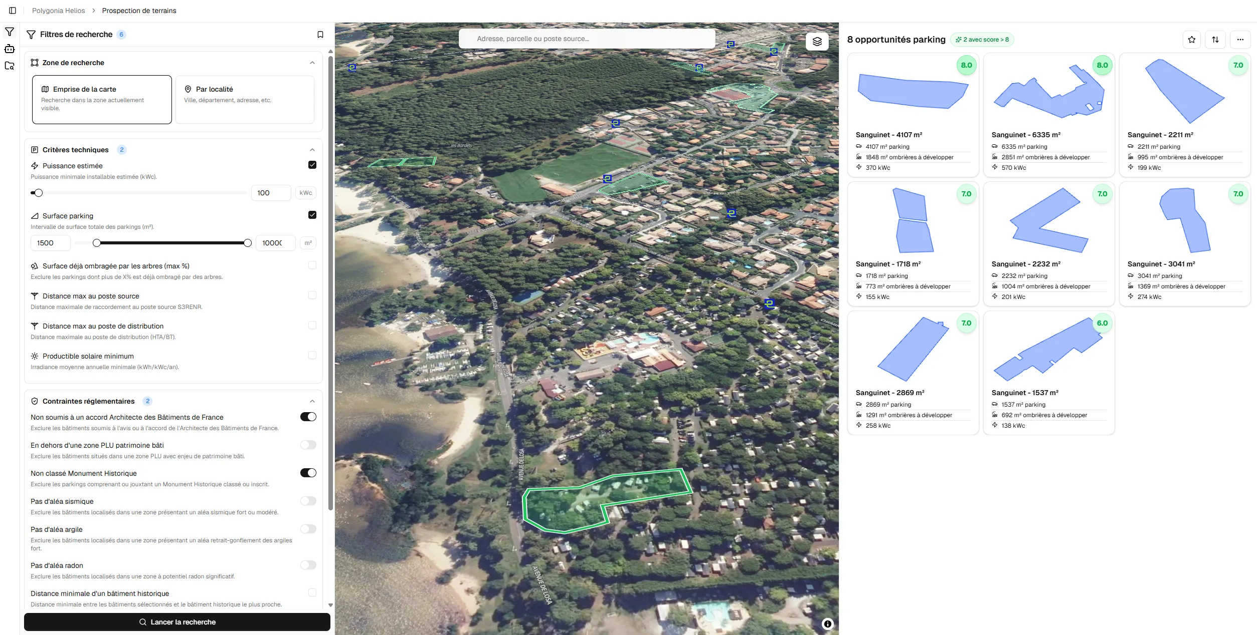 Recherche de parkings de 1 500 à 10 000 m² dans Polygonia Helios : filtres par surface, puissance et contraintes réglementaires, résultats scorés avec surface d'ombrières à développer et puissance installable